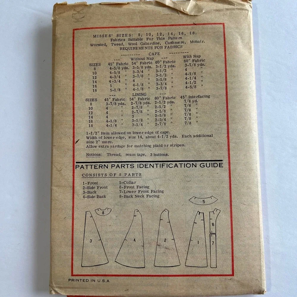 Anne Adams Vintage 1970's Pattern‎ #4838 Women's Cape Size 10
